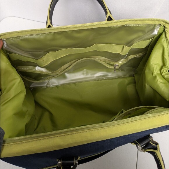 Baggallini Soho-Style Duffel Weekender Tote Bag Navy Blue Green Trim - Picture 10 of 13